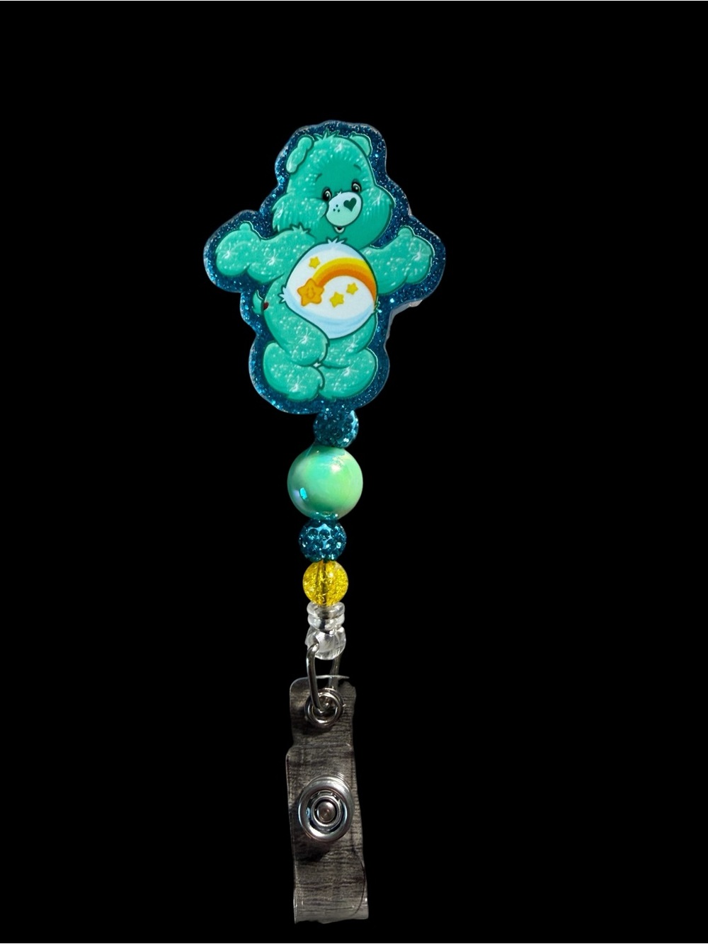 Care Bears Teal Glitter Bear Badge Reel with Rainbow Belly